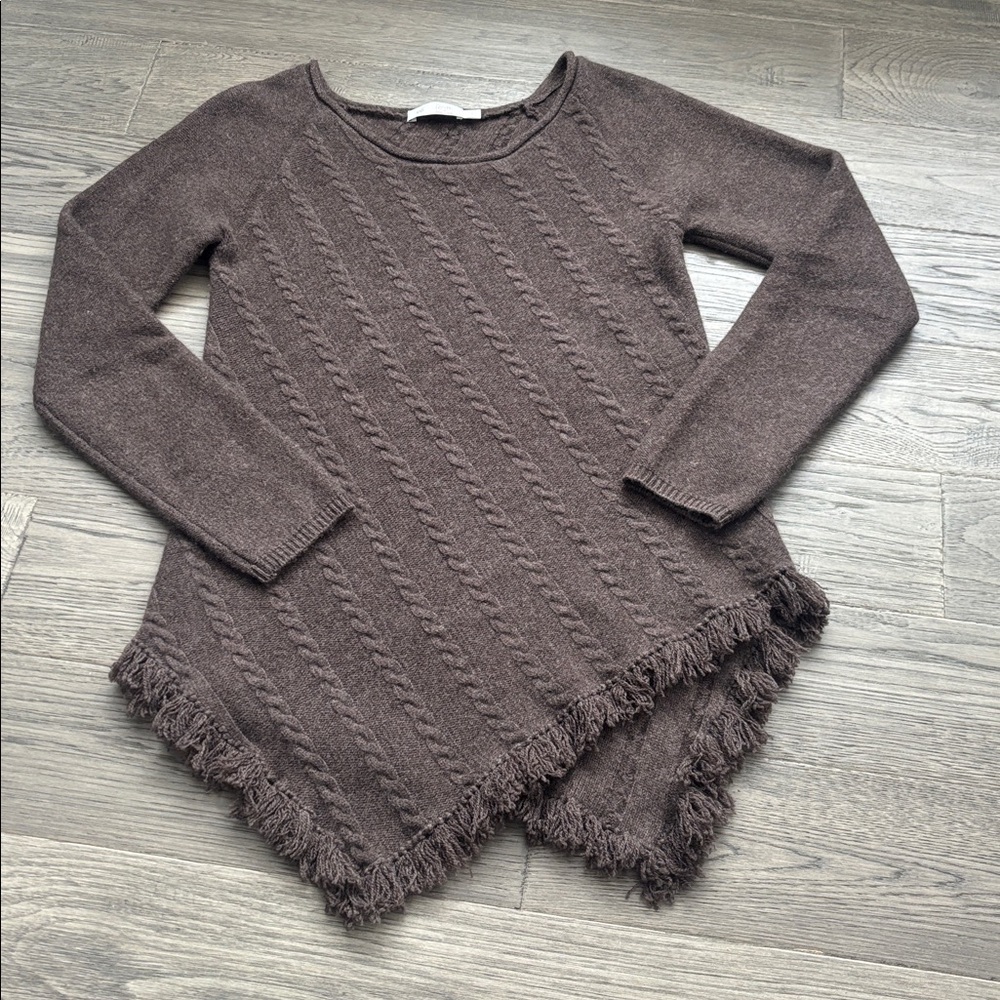 Raffi |100% Cashmere Chocolate Brown Cable Knit Scoop Neck Sweater Fringe Hem SM - Picture 2 of 14